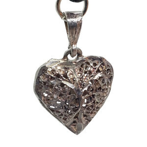 Vintage Filigree Puffy Heart Pendant Necklace Sterling Silver Love Charm